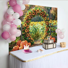 Lofaris Vibrant Sunflower Pumpkin Archway Thanksgiving Backdrop with Fall Leaves, Seasonal Photography Background for Harvest Decor