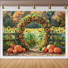 Lofaris Vibrant Sunflower Pumpkin Archway Thanksgiving Backdrop with Fall Leaves, Seasonal Photography Background for Harvest Decor