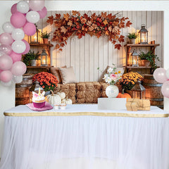 Capture Rustic Wood Autumn Backdrop with Pumpkins and Hay Bales, Cozy Fall Barn Background for Studio Portrait