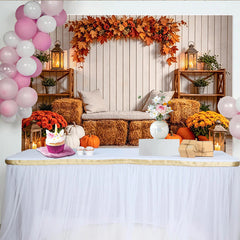 Lofaris Rustic Autumn Backdrop with White Wood, Maple Leaves, and Pumpkins, Cozy Hay Bales Lanterns Harvest Photography Background