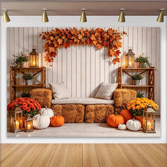 Lofaris Rustic Autumn Backdrop with White Wood, Maple Leaves, and Pumpkins, Cozy Hay Bales Lanterns Harvest Photography Background