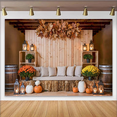 Lofaris Rustic Autumn Thanksgiving Backdrop with Pumpkins and Fall Leaves, Cozy Wooden Harvest Photography Background