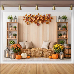 Lofaris Rustic Autumn Harvest Photography Backdrop with Pumpkins and Hay Bales, Cozy Fall Studio Background for Seasonal Photoshoot
