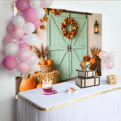 Lofaris Autumn Harvest Holiday Backdrop with Pumpkins, Hay Bales and Mint Barn Door, Rustic Fall Photography Background for Seasonal Decor