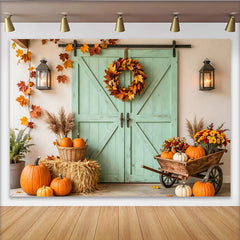 Lofaris Autumn Harvest Holiday Backdrop with Pumpkins, Hay Bales and Mint Barn Door, Rustic Fall Photography Background for Seasonal Decor