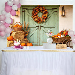 Celebrate Rustic Green Barn Door Autumn Backdrop with Pumpkins, Harvest Hay Bales Background for Thanksgiving Party