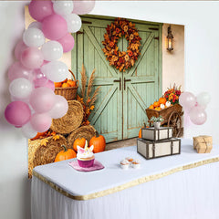 Celebrate Rustic Green Barn Door Autumn Backdrop with Pumpkins, Harvest Hay Bales Background for Thanksgiving Party
