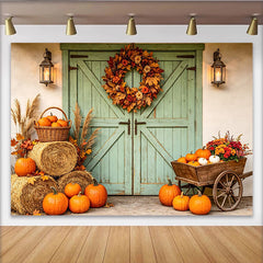 Celebrate Rustic Green Barn Door Autumn Backdrop with Pumpkins, Harvest Hay Bales Background for Thanksgiving Party