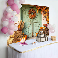 Lofaris Rustic Autumn Backdrop with Green Barn Door, Pumpkins, and Fall Leaves, Harvest Festival Photography Background for Thanksgiving Decor
