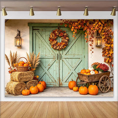 Lofaris Rustic Autumn Backdrop with Green Barn Door, Pumpkins, and Fall Leaves, Harvest Festival Photography Background for Thanksgiving Decor