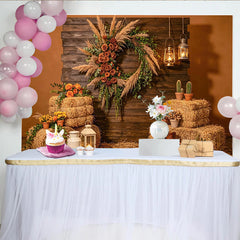 Lofaris Rustic Wood Photography Backdrop with Pampas Grass Wreath and Hay Bales, Autumn Farmhouse Background for Fall Harvest Party Decor