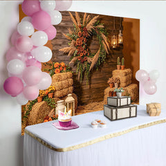 Lofaris Rustic Wood Photography Backdrop with Pampas Grass Wreath and Hay Bales, Autumn Farmhouse Background for Fall Harvest Party Decor