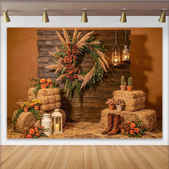 Lofaris Rustic Wood Photography Backdrop with Pampas Grass Wreath and Hay Bales, Autumn Farmhouse Background for Fall Harvest Party Decor