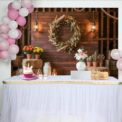 Lofaris Rustic Wood Wall Photography Backdrop with Floral Wreath and Lanterns, Farmhouse Style Background for Studio Photoshoot and Event Decor