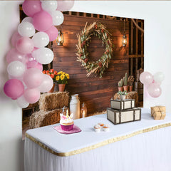 Lofaris Rustic Wood Wall Photography Backdrop with Floral Wreath and Lanterns, Farmhouse Style Background for Studio Photoshoot and Event Decor