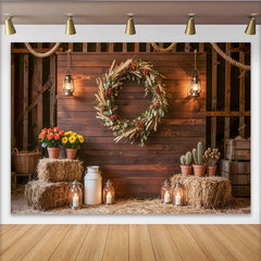 Lofaris Rustic Wood Wall Photography Backdrop with Floral Wreath and Lanterns, Farmhouse Style Background for Studio Photoshoot and Event Decor
