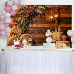 Lofaris Rustic Wood Photography Backdrop with Hay Bales and Flowers, Farmhouse Country Studio Background for Portrait Photoshoot