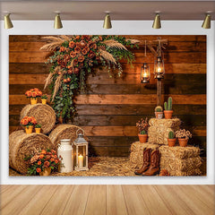 Lofaris Rustic Wood Photography Backdrop with Hay Bales and Flowers, Farmhouse Country Studio Background for Portrait Photoshoot