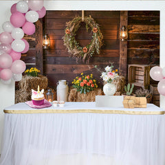 Lofaris Rustic Barn Wood Photography Backdrop with Wreath and Lanterns, Farmhouse Hay Bales Background for Studio Photoshoot and Party Decor