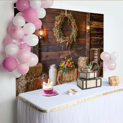 Lofaris Rustic Barn Wood Photography Backdrop with Wreath and Lanterns, Farmhouse Hay Bales Background for Studio Photoshoot and Party Decor
