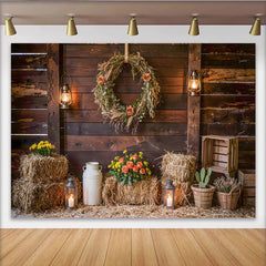 Lofaris Rustic Barn Wood Photography Backdrop with Wreath and Lanterns, Farmhouse Hay Bales Background for Studio Photoshoot and Party Decor