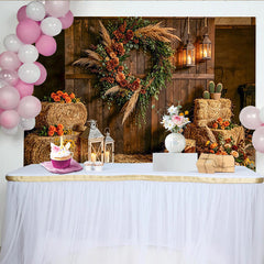 Lofaris Rustic Farmhouse Photography Backdrop with Wooden Wall and Wreath, Hay Bales and Lanterns Studio Background for Western Photos