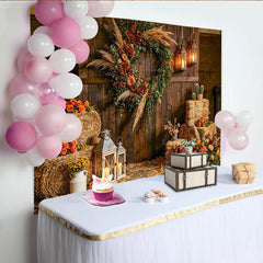 Lofaris Rustic Farmhouse Photography Backdrop with Wooden Wall and Wreath, Hay Bales and Lanterns Studio Background for Western Photos