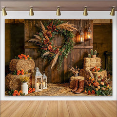 Lofaris Rustic Farmhouse Photography Backdrop with Wooden Wall and Wreath, Hay Bales and Lanterns Studio Background for Western Photos