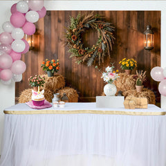 Lofaris Rustic Wood Wall Photography Backdrop, Farmhouse Hay Bales and Lanterns Studio Background for Portraits