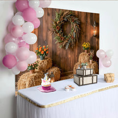 Lofaris Rustic Wood Wall Photography Backdrop, Farmhouse Hay Bales and Lanterns Studio Background for Portraits