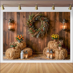 Lofaris Rustic Wood Wall Photography Backdrop, Farmhouse Hay Bales and Lanterns Studio Background for Portraits