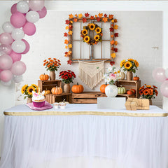 Lofaris Rustic Autumn Thanksgiving Backdrop with White Brick Wall, Pumpkins and Sunflower Wreath, Cozy Fall Harvest Photography Background