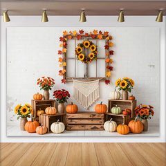 Lofaris Rustic Autumn Thanksgiving Backdrop with White Brick Wall, Pumpkins and Sunflower Wreath, Cozy Fall Harvest Photography Background