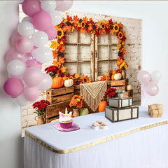 Lofaris Rustic Autumn Holiday Backdrop with Distressed Window, Maple Leaves and Pumpkins, Cozy Fall Harvest for Thanksgiving Party Decor