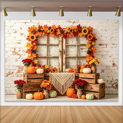 Lofaris Rustic Autumn Holiday Backdrop with Distressed Window, Maple Leaves and Pumpkins, Cozy Fall Harvest for Thanksgiving Party Decor