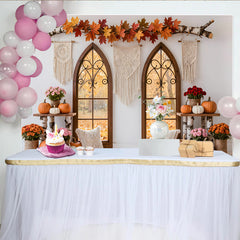 Lofaris Rustic Autumn Window Photography Backdrop with Fall Leaves and Pumpkins, Cozy Farmhouse Style Background for Seasonal Photoshoots