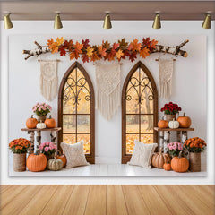 Lofaris Rustic Autumn Window Photography Backdrop with Fall Leaves and Pumpkins, Cozy Farmhouse Style Background for Seasonal Photoshoots