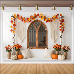Lofaris Rustic Autumn Photography Backdrop with Arched Window and Fall Leaves, Cozy Studio Background for Portrait Photoshoot and Event Decor.