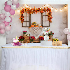 Lofaris Rustic Thanksgiving Backdrop with Pumpkins, Fall Leaves and White Brick Wall, Autumn Harvest Photo Background for Party Decor