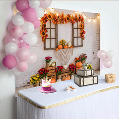 Lofaris Rustic Thanksgiving Backdrop with Pumpkins, Fall Leaves and White Brick Wall, Autumn Harvest Photo Background for Party Decor