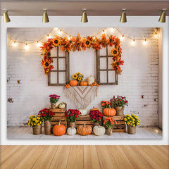 Lofaris Rustic Thanksgiving Backdrop with Pumpkins, Fall Leaves and White Brick Wall, Autumn Harvest Photo Background for Party Decor