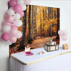 Lofaris Golden Autumn Forest Photography Backdrop with Tall Trees and Path, Natural Fall Season Scenery Background for Studio Portrait