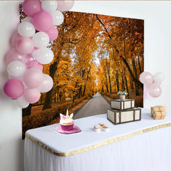 Lofaris Golden Autumn Forest Photography Backdrop with Paved Path, Vibrant Natural Scenery Background for Fall Photoshoot