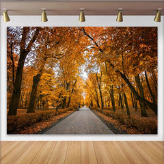 Lofaris Golden Autumn Forest Photography Backdrop with Paved Path, Vibrant Natural Scenery Background for Fall Photoshoot