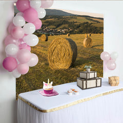 Lofaris Golden Sunset Countryside Hay Bales Autumn Backdrop, Rustic Farm Field Background for Outdoor Portrait