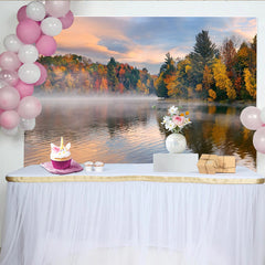 Lofaris Vibrant Autumn Lake Photography Backdrop with Misty Forest and Colorful Trees, Serene Nature Background for Studio Portrait