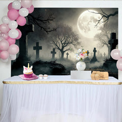 Lofaris Spooky Graveyard Halloween Backdrop with Full Moon and Misty Path, Eerie Cemetery Photography Background for Spooky Party Decor