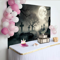 Lofaris Spooky Graveyard Halloween Backdrop with Full Moon and Misty Path, Eerie Cemetery Photography Background for Spooky Party Decor