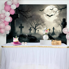 Lofaris Spooky Graveyard Halloween Backdrop with Full Moon and Flying Bats, Eerie Cemetery Scene for Party Decor and Photoshoot Props