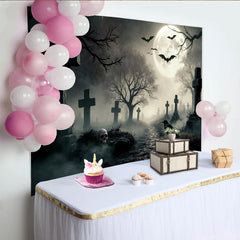 Lofaris Spooky Graveyard Halloween Backdrop with Full Moon and Flying Bats, Eerie Cemetery Scene for Party Decor and Photoshoot Props